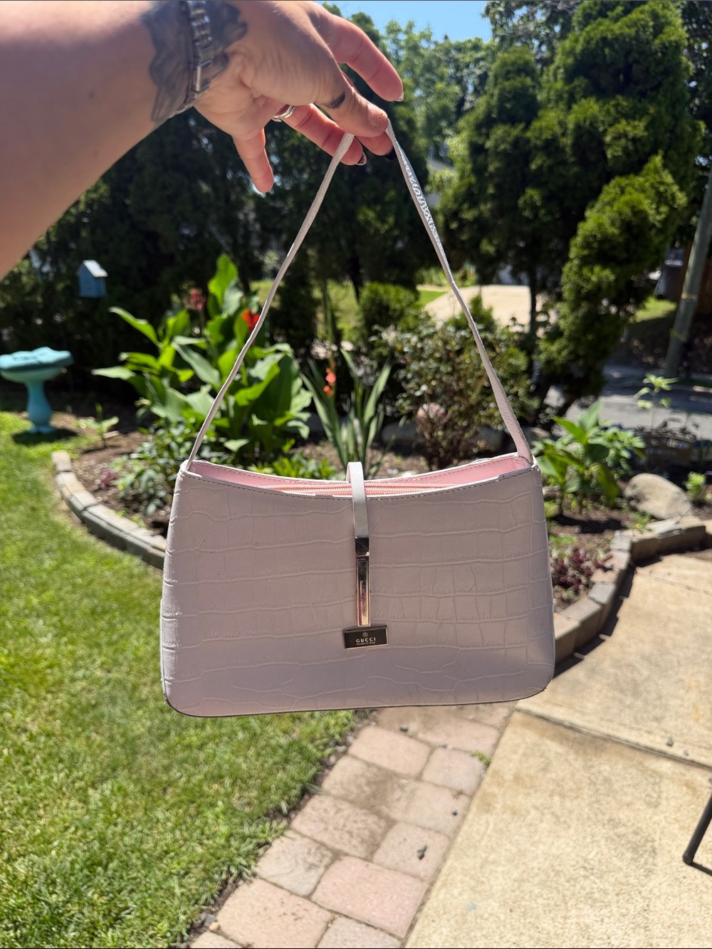 Gucci baby pink cross embossed Gucci shoulder tote with white leather accents